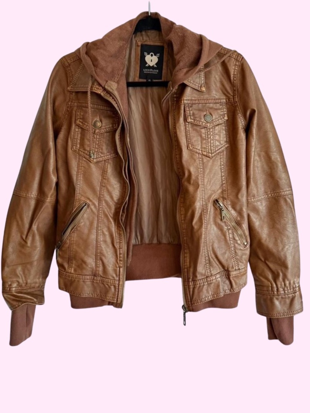 Lock & Love Camel Brown Vegan Faux Leather Jacket Removable Hood Thumbholes XS